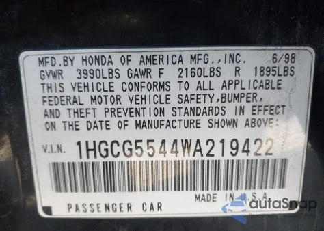 1998 Honda Accord Lx из США, поврежденный, VIN 1HGCG5544WA219422